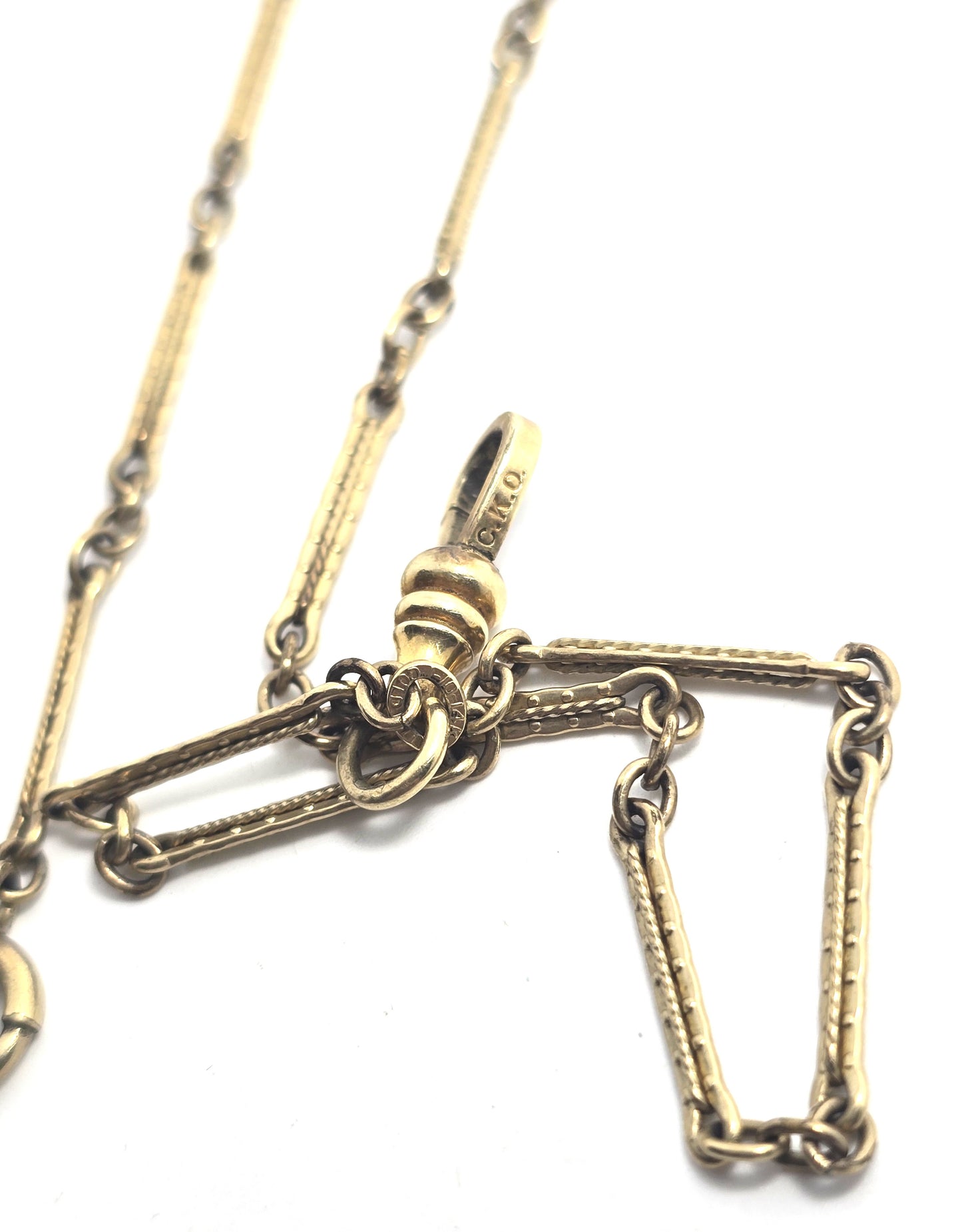 CKO Art Deco antique yellow gold filled embossed bar link 14 inch long watch fob chain