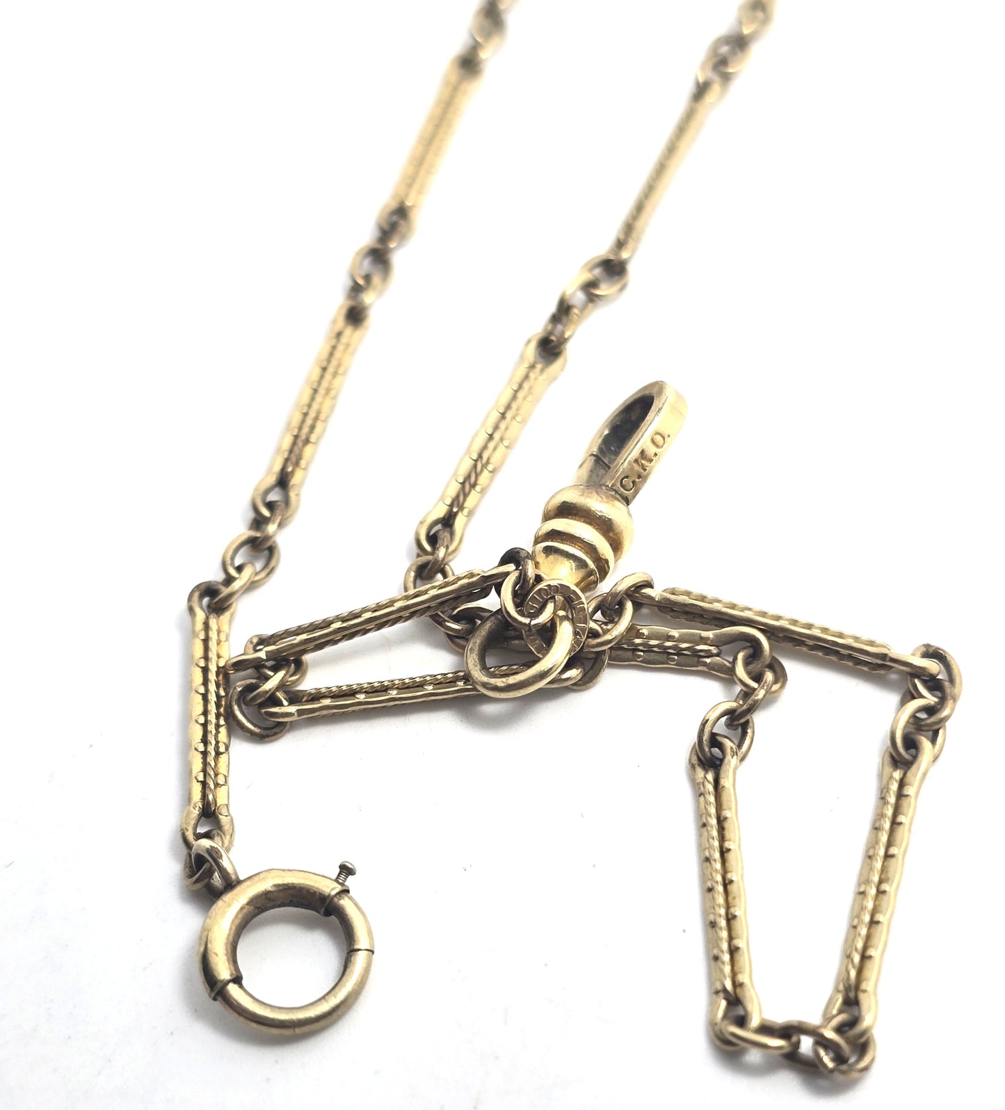 CKO Art Deco antique yellow gold filled embossed bar link 14 inch long watch fob chain