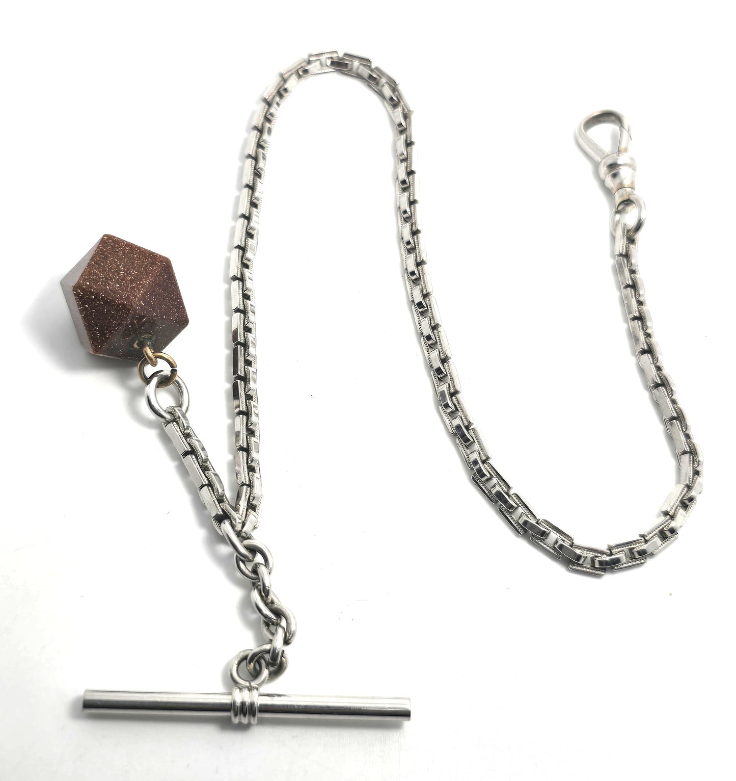 Simmons Art Deco silver toned T bar vintage watch fob chain goldstone fob set