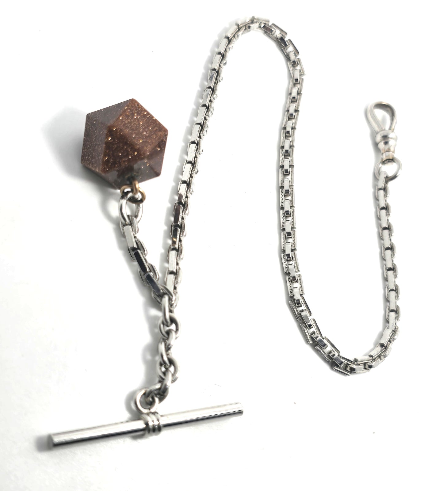 Simmons Art Deco silver toned T bar vintage watch fob chain goldstone fob set
