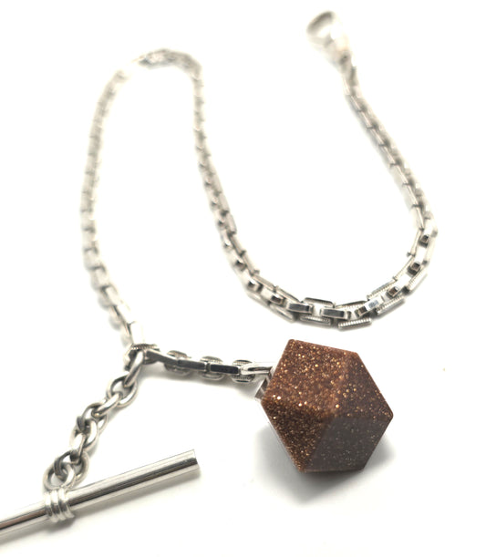 Simmons Art Deco silver toned T bar vintage watch fob chain goldstone fob set