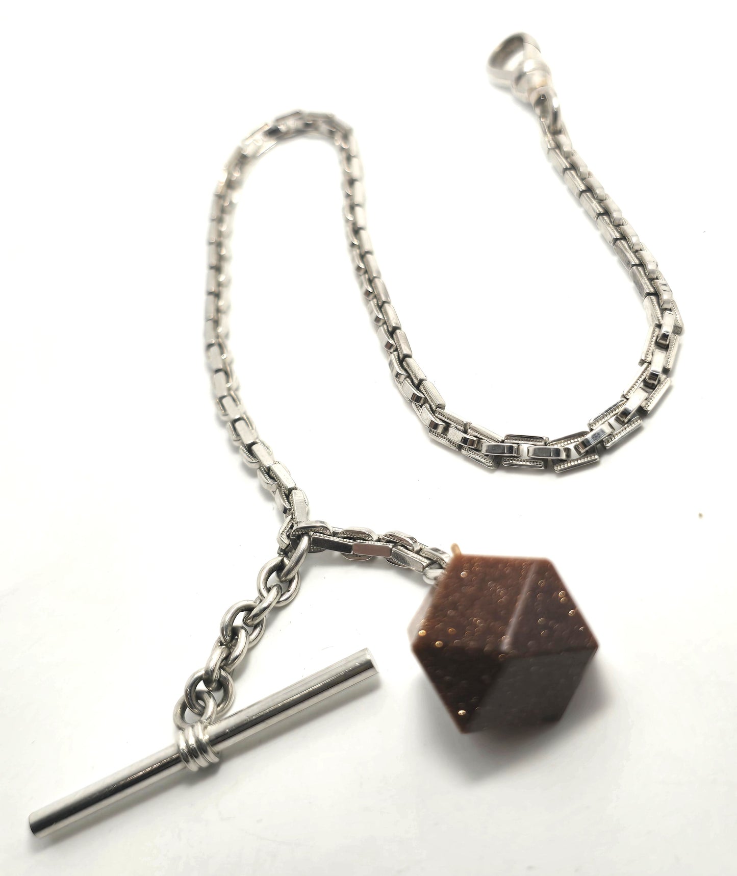 Simmons Art Deco silver toned T bar vintage watch fob chain goldstone fob set