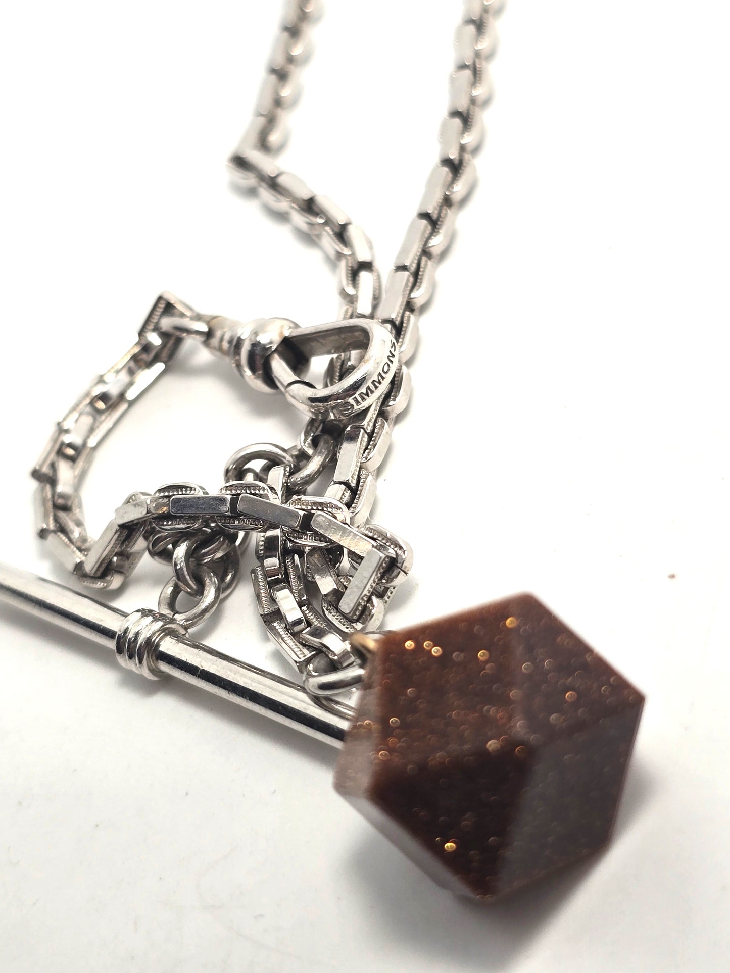 Simmons Art Deco silver toned T bar vintage watch fob chain goldstone fob set