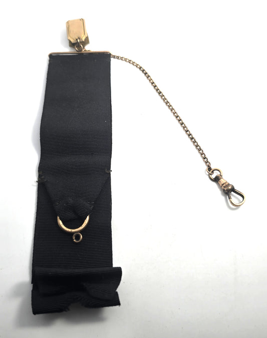 S&S Victorian antique yellow gold filled black grosgrain ribbon watch fob clip