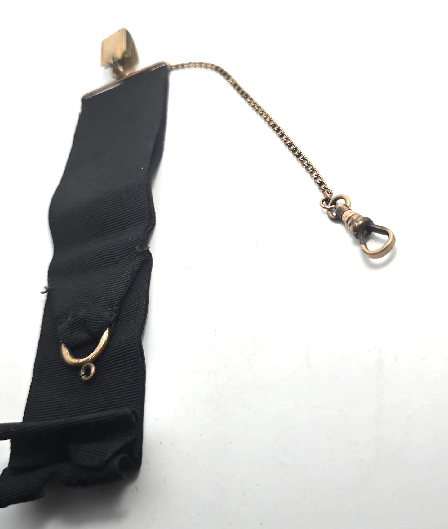 S&S Victorian antique yellow gold filled black grosgrain ribbon watch fob clip