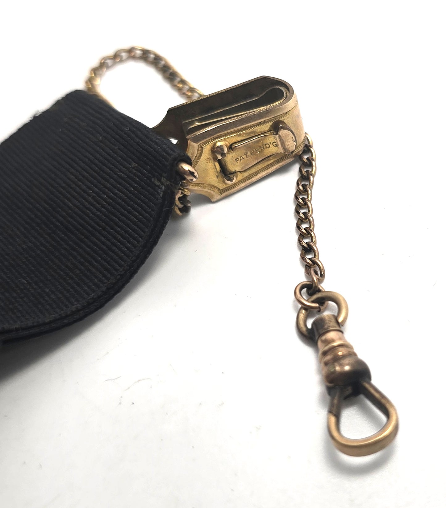 S&S Victorian antique yellow gold filled black grosgrain ribbon watch fob clip