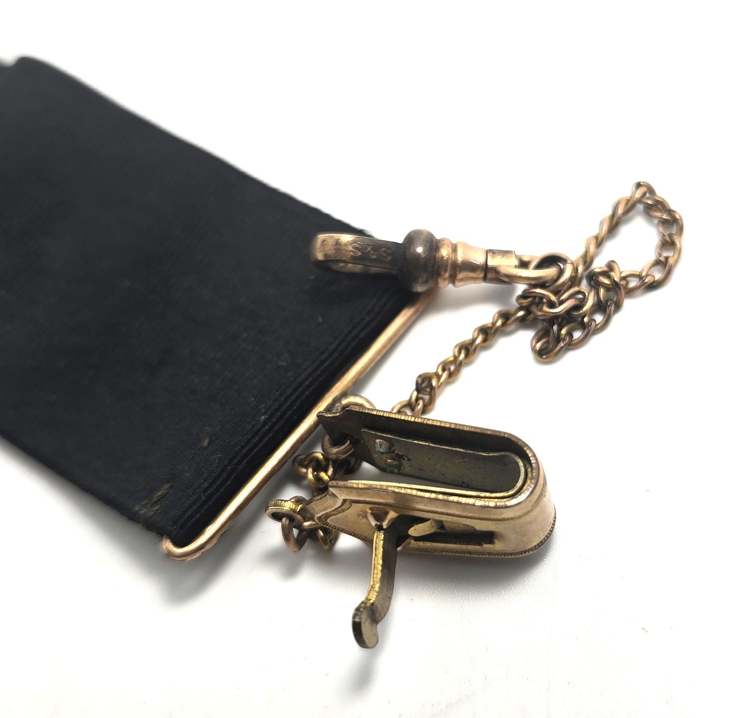 S&S Victorian antique yellow gold filled black grosgrain ribbon watch fob clip