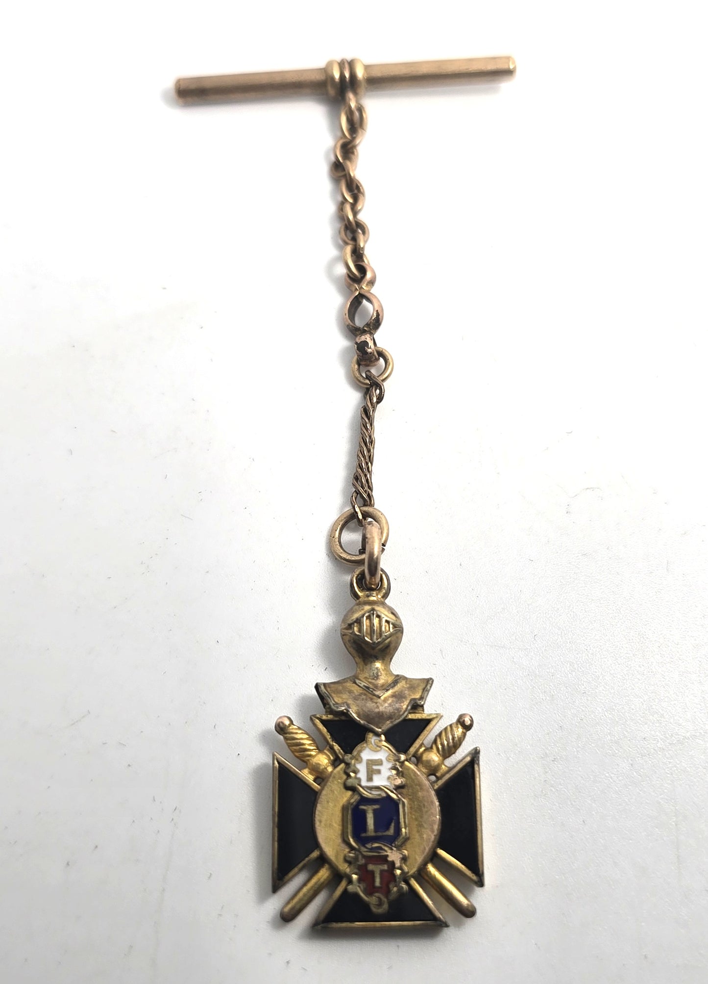 Knights of Pythias Gold filled enamel antique watch fob T bar chain