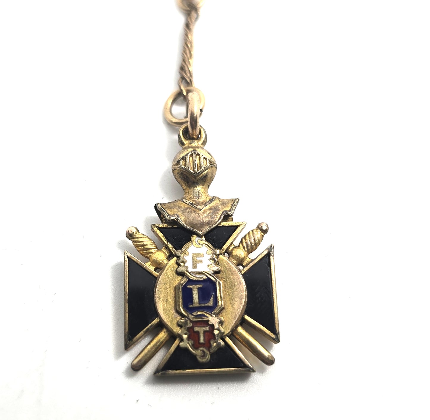 Knights of Pythias Gold filled enamel antique watch fob T bar chain