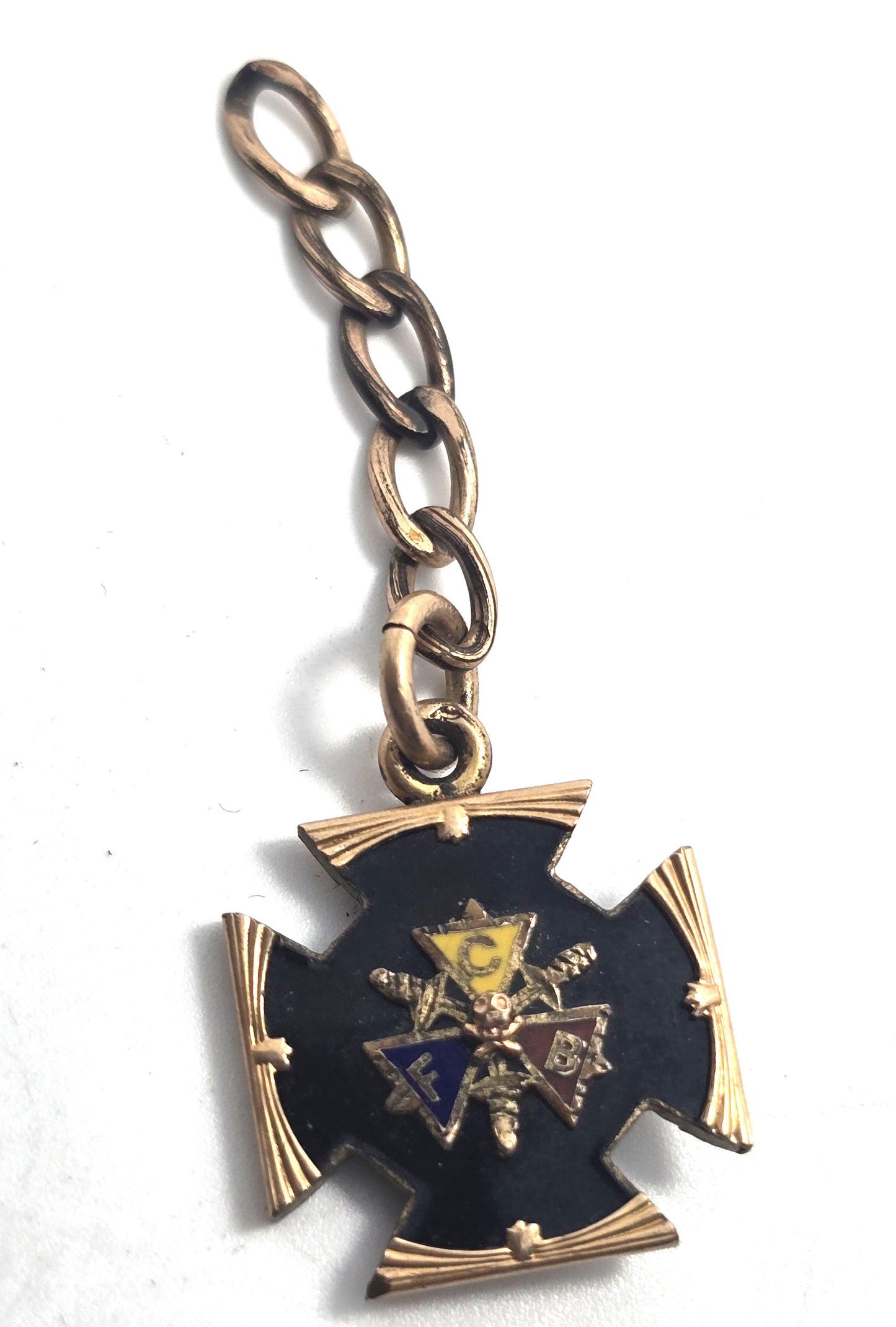 Knights of Pythias Gold filled enamel antique watch fob pendant skull