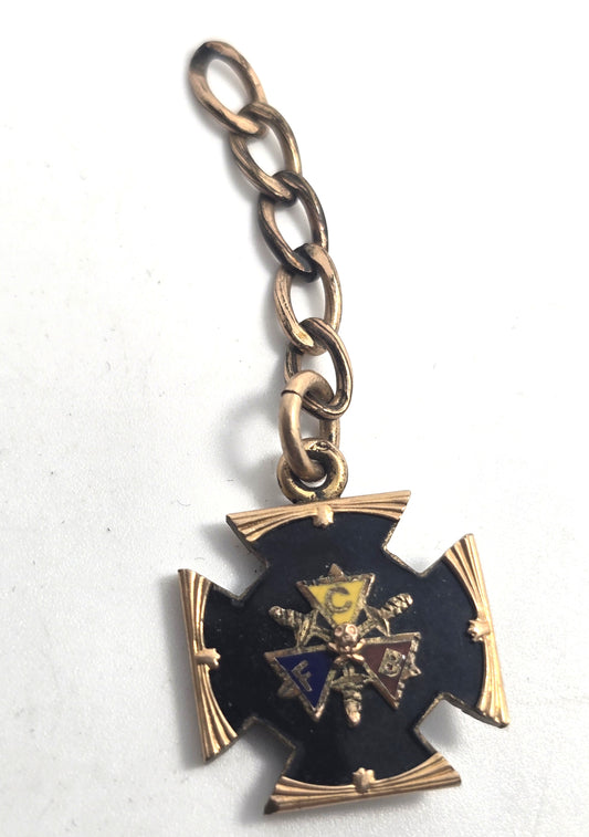 Knights of Pythias Gold filled enamel antique watch fob pendant skull