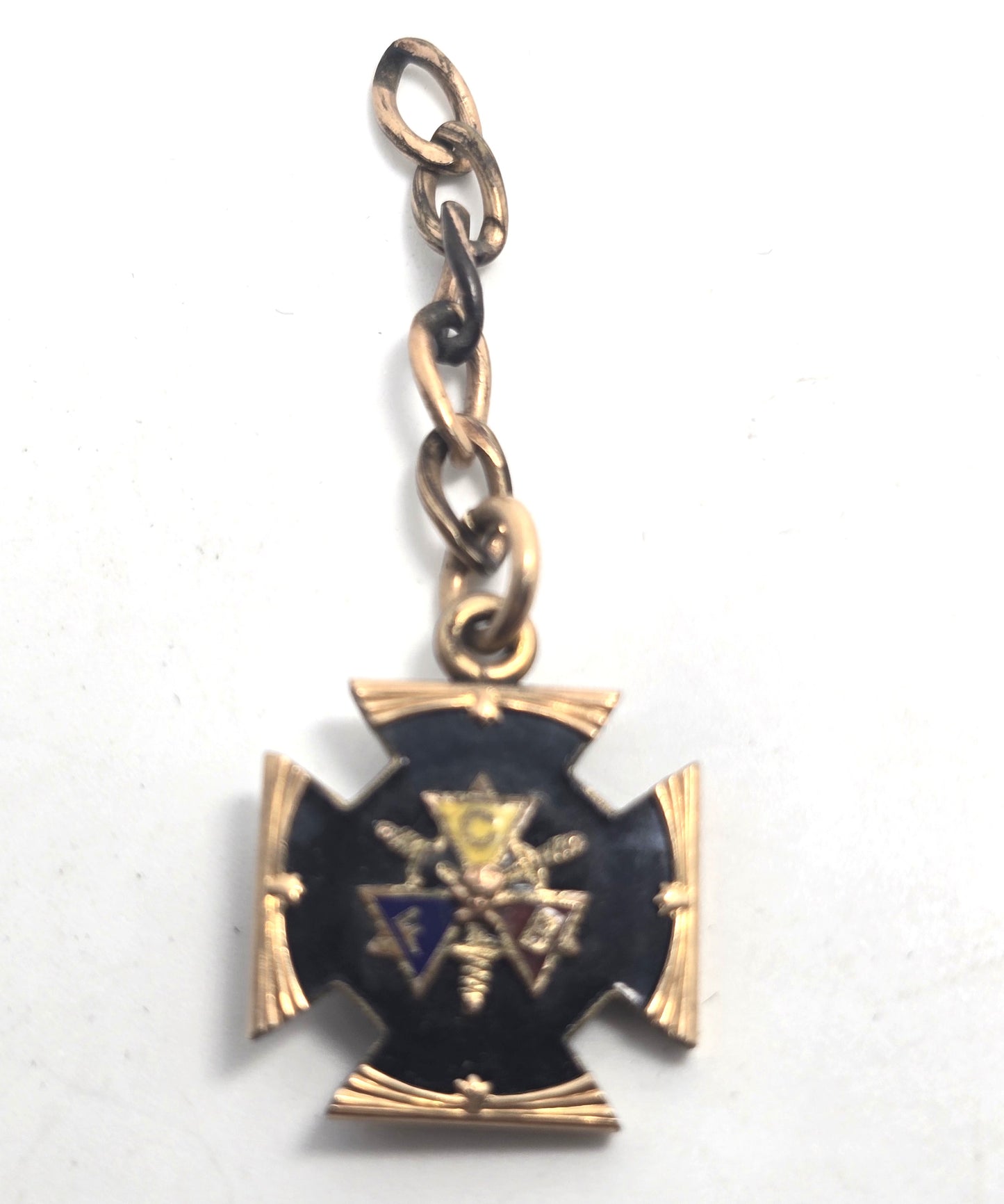 Knights of Pythias Gold filled enamel antique watch fob pendant skull