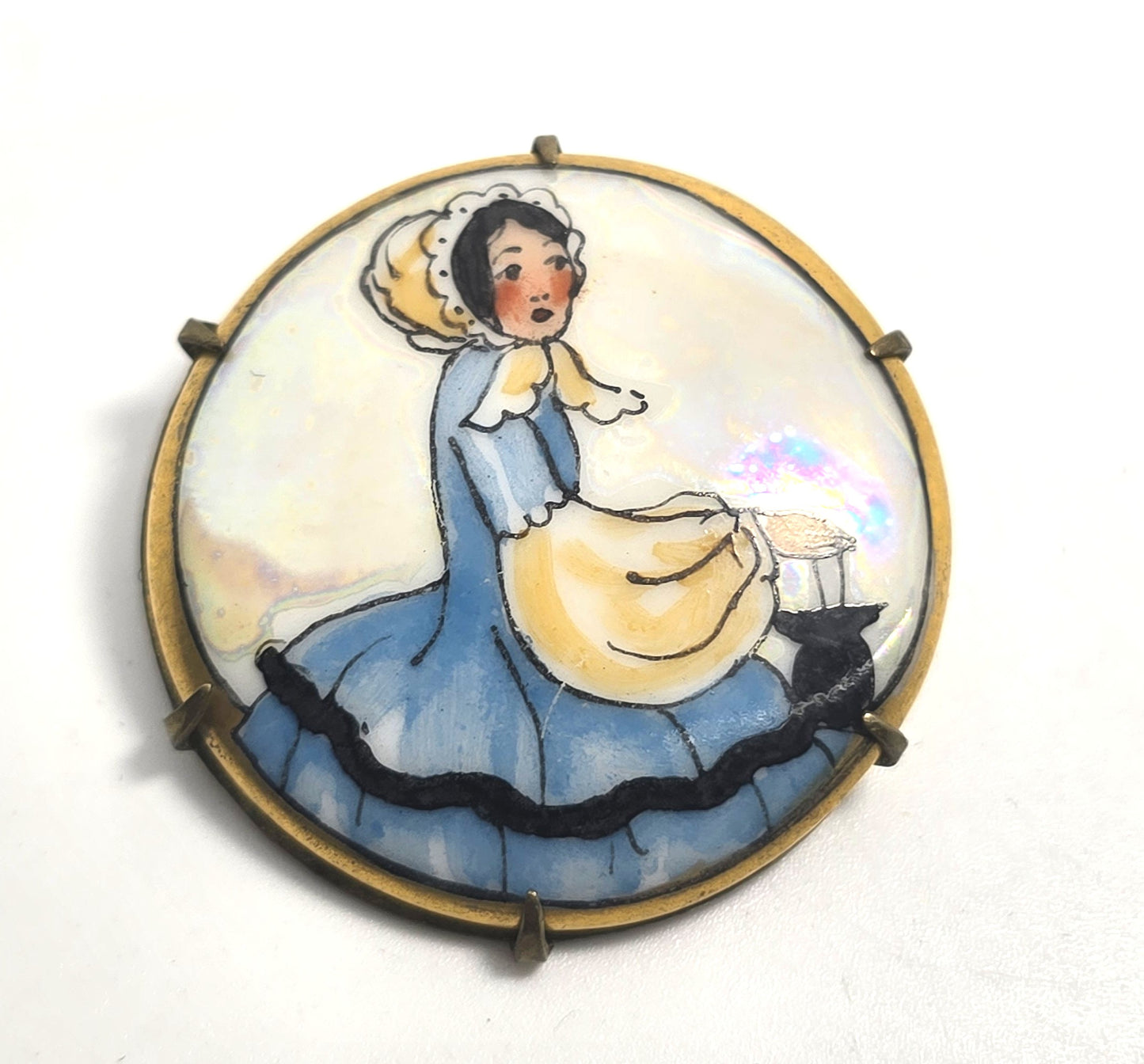 Blue Dress Lusterwear Painted Porcelain gold rimmed antique Victorian brooch 1900's
