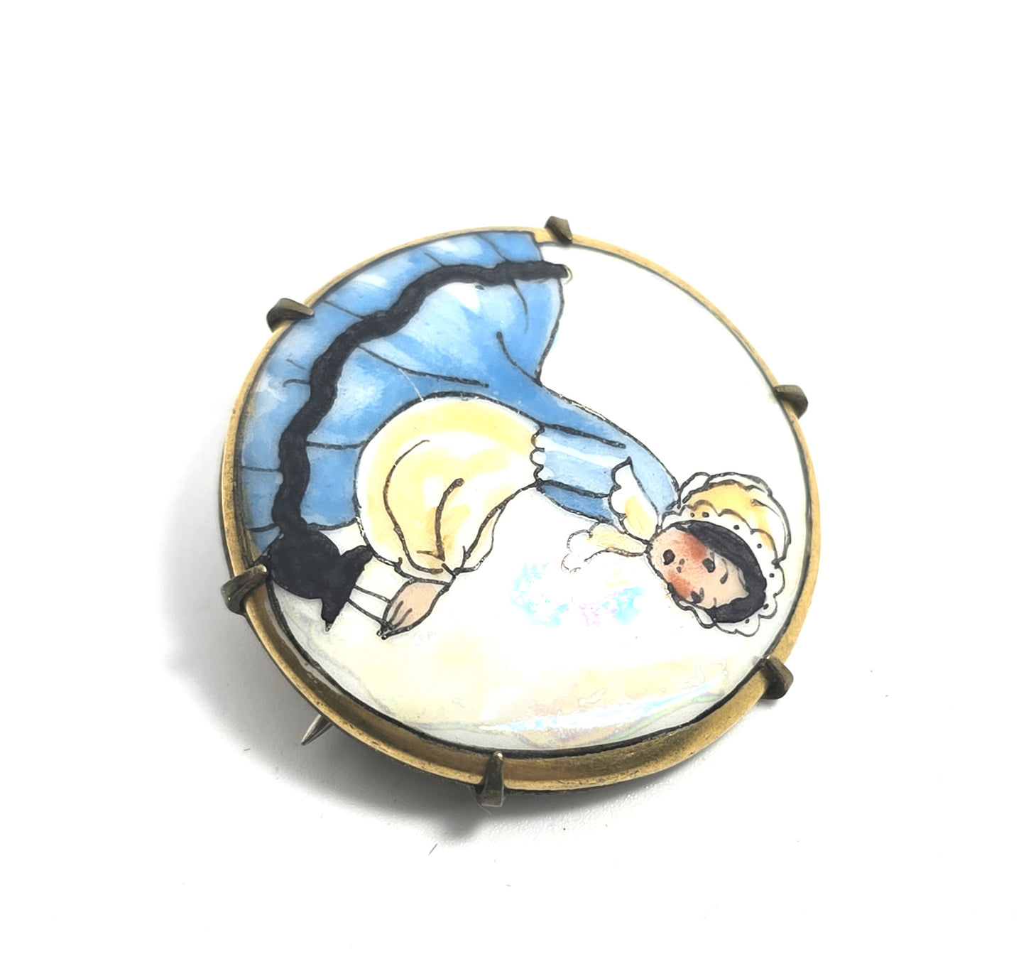 Blue Dress Lusterwear Painted Porcelain gold rimmed antique Victorian brooch 1900's