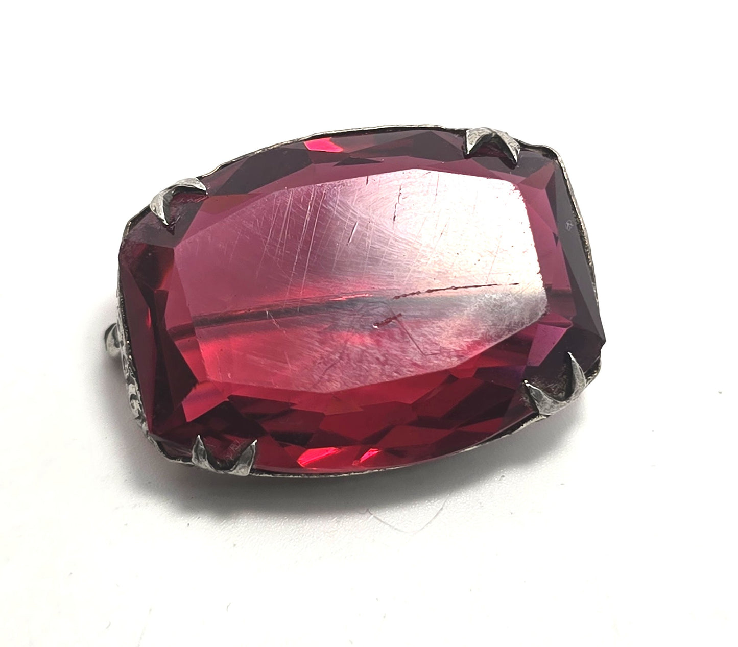 Art Deco Red glass stamped sterling silver vintage faceted Czech glass brooch pin
