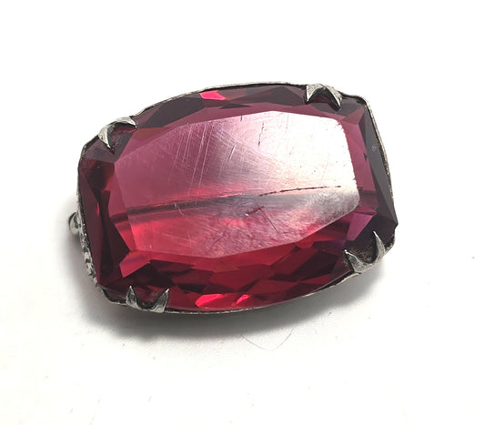 Art Deco Red glass stamped sterling silver vintage faceted Czech glass brooch pin