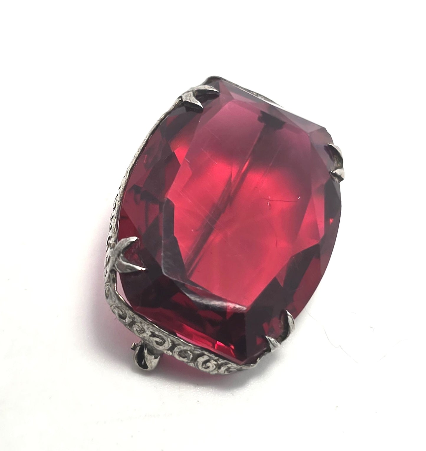 Art Deco Red glass stamped sterling silver vintage faceted Czech glass brooch pin
