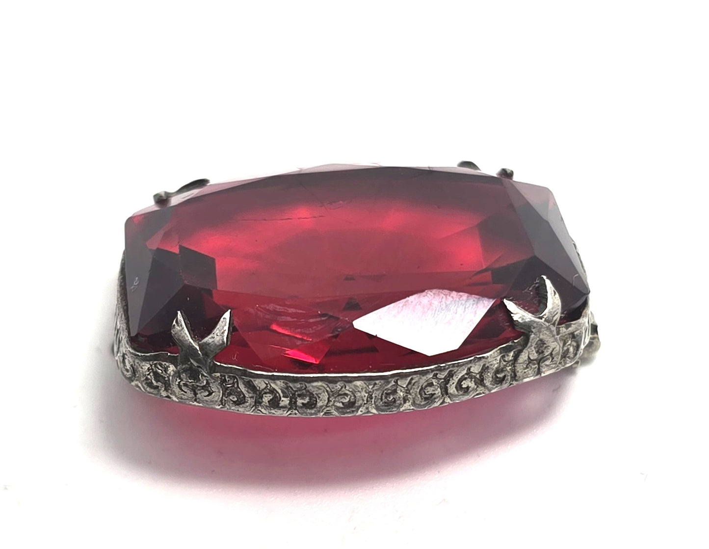 Art Deco Red glass stamped sterling silver vintage faceted Czech glass brooch pin