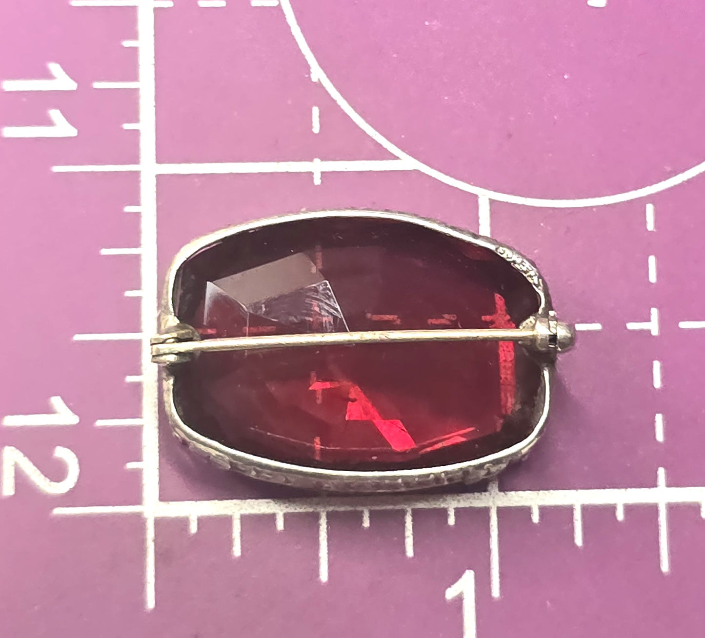 Art Deco Red glass stamped sterling silver vintage faceted Czech glass brooch pin
