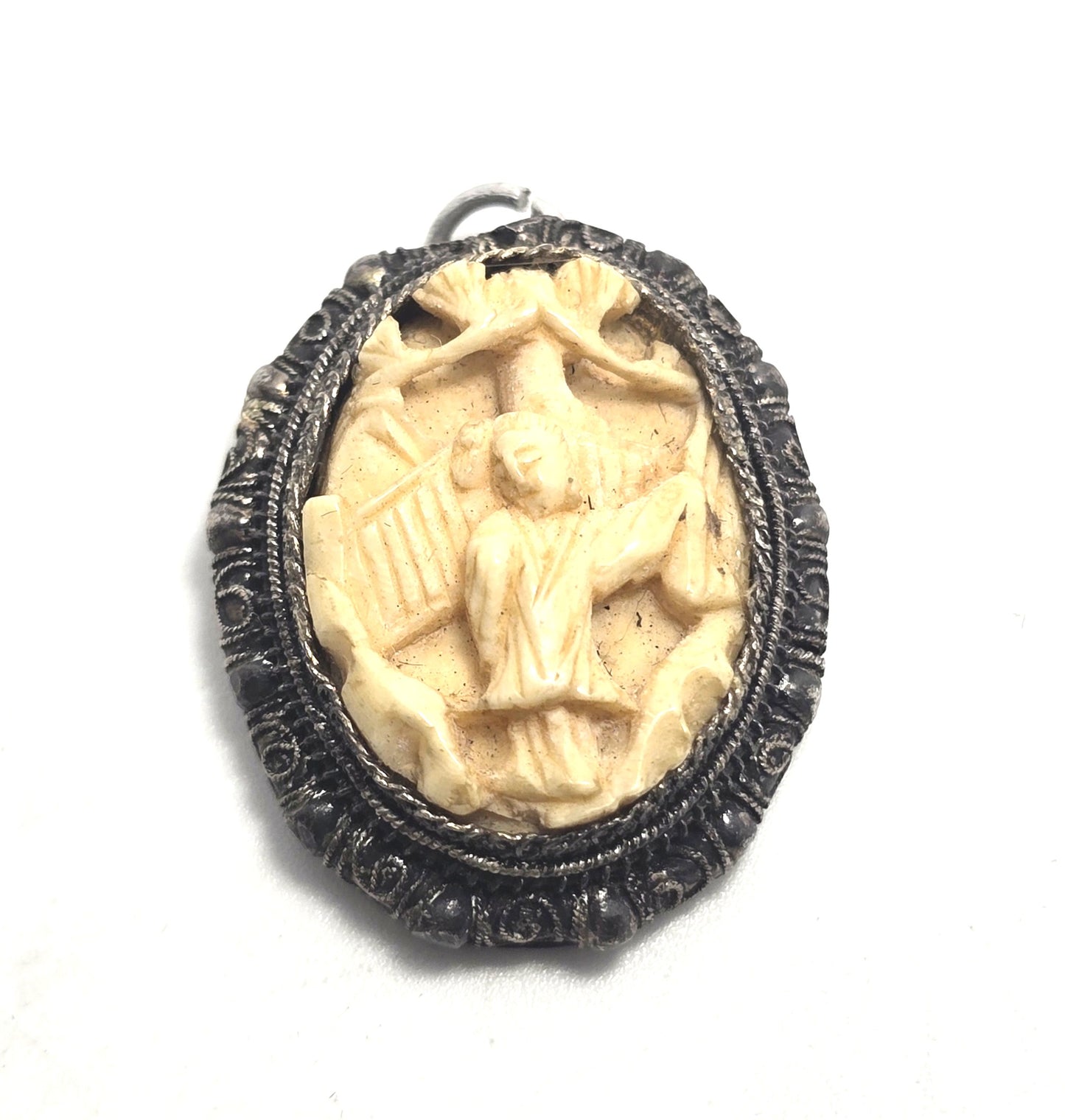 Carved Chinese Export antique sterling silver filigree geisha pendant.