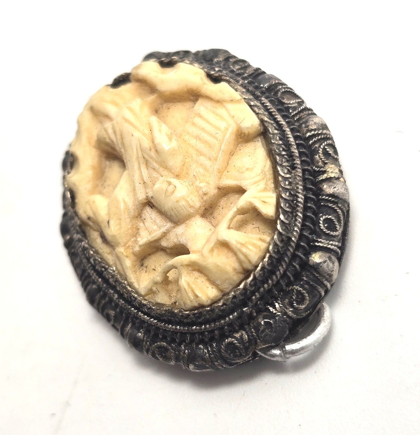 Carved Chinese Export antique sterling silver filigree geisha pendant.