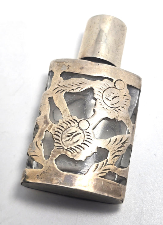 Taxco Mexican Sterling Silver Overlay Vintage Miniature Glass Perfume Bottle