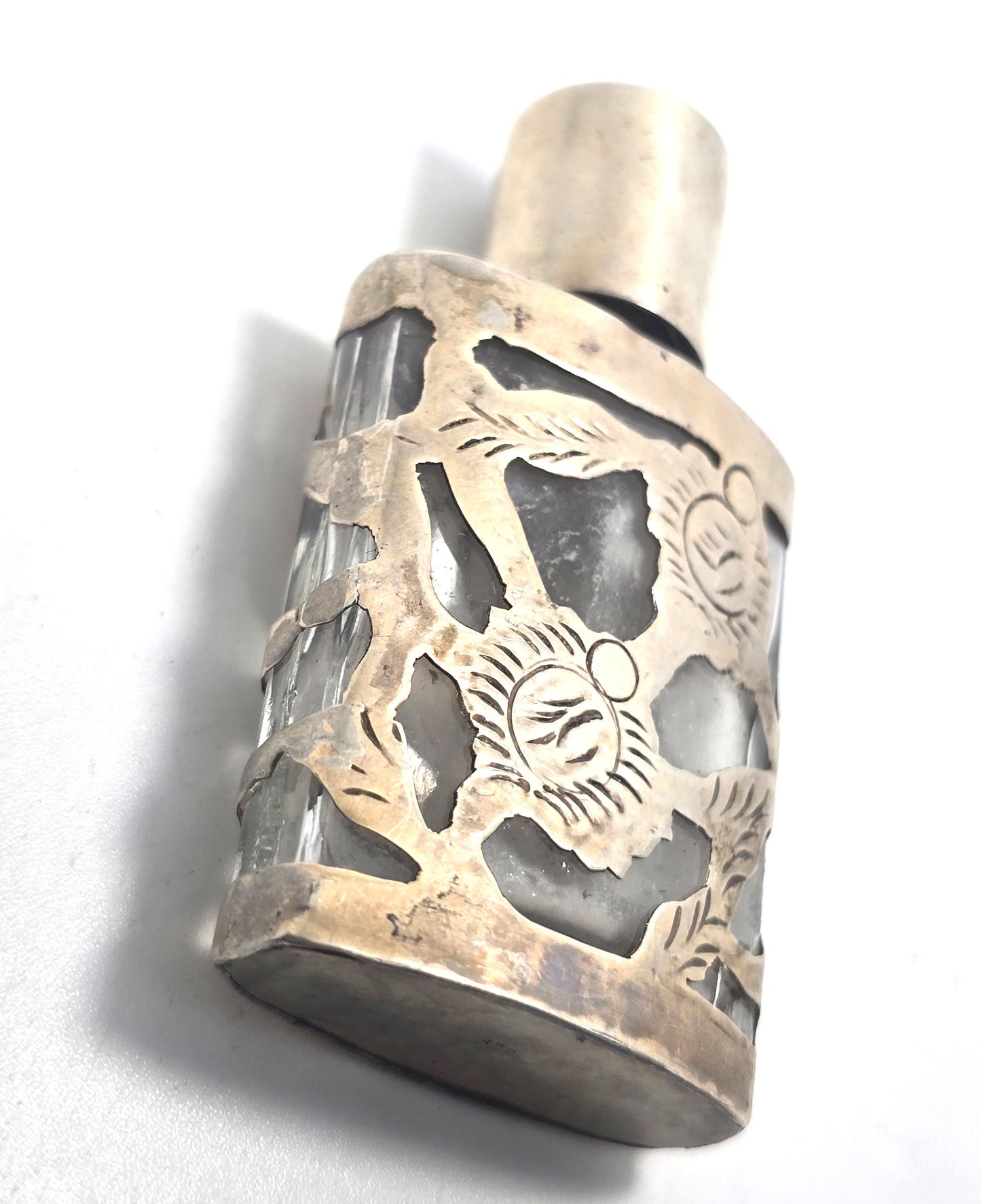 Taxco Mexican Sterling Silver Overlay Vintage Miniature Glass Perfume Bottle
