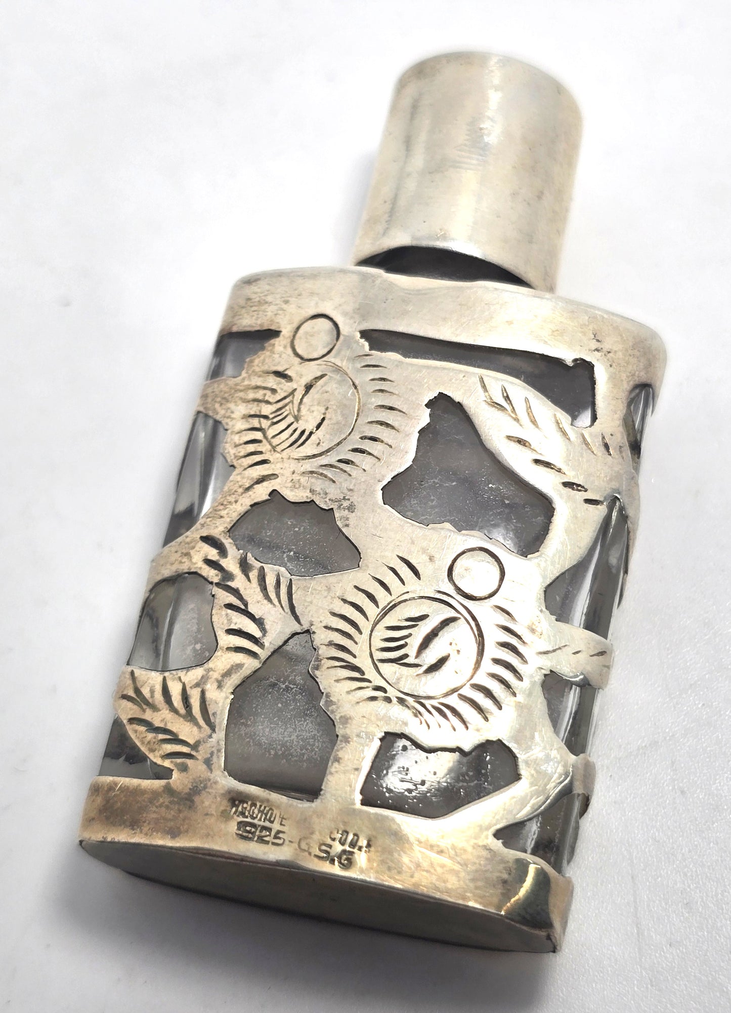 Taxco Mexican Sterling Silver Overlay Vintage Miniature Glass Perfume Bottle