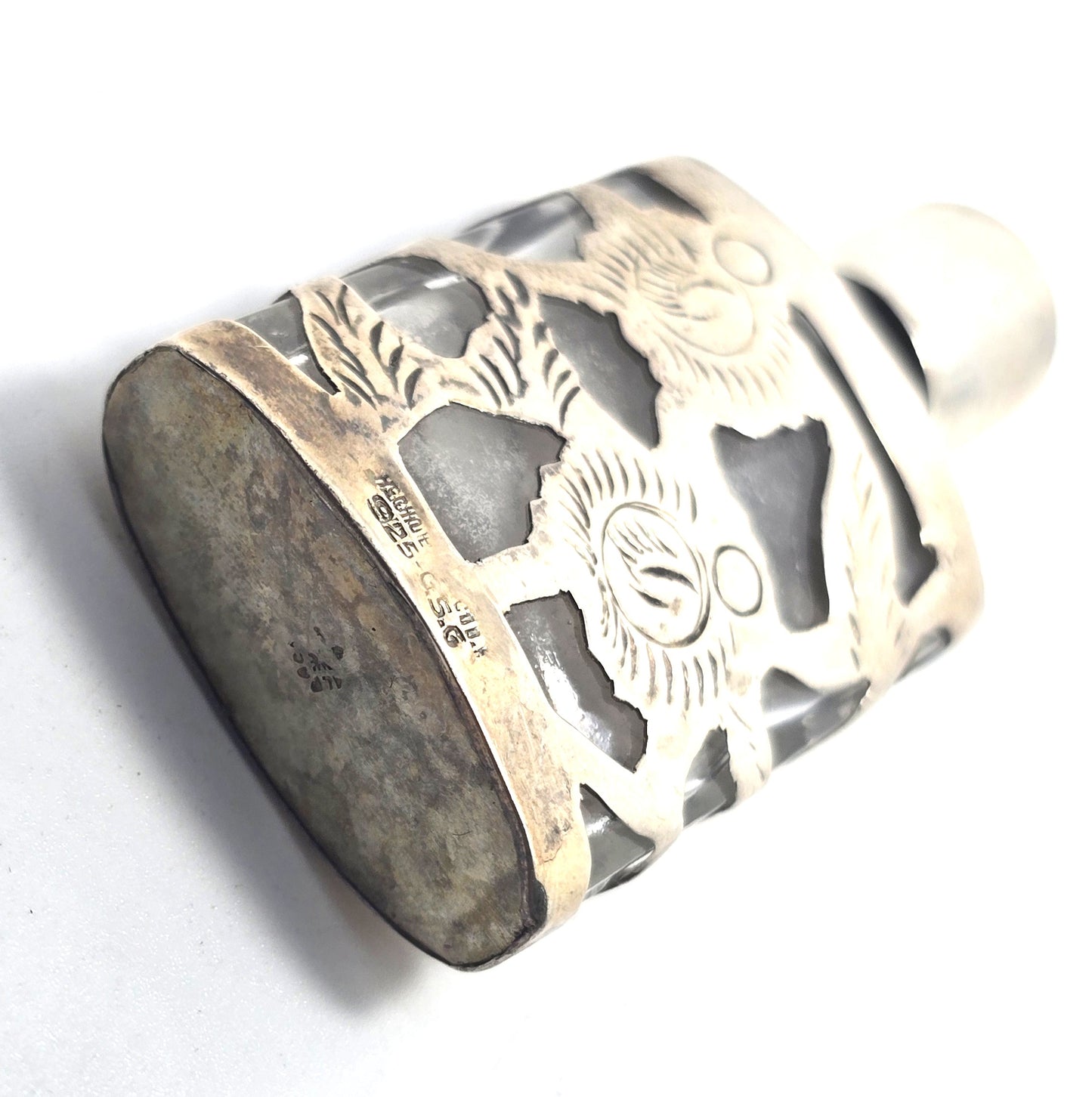 Taxco Mexican Sterling Silver Overlay Vintage Miniature Glass Perfume Bottle