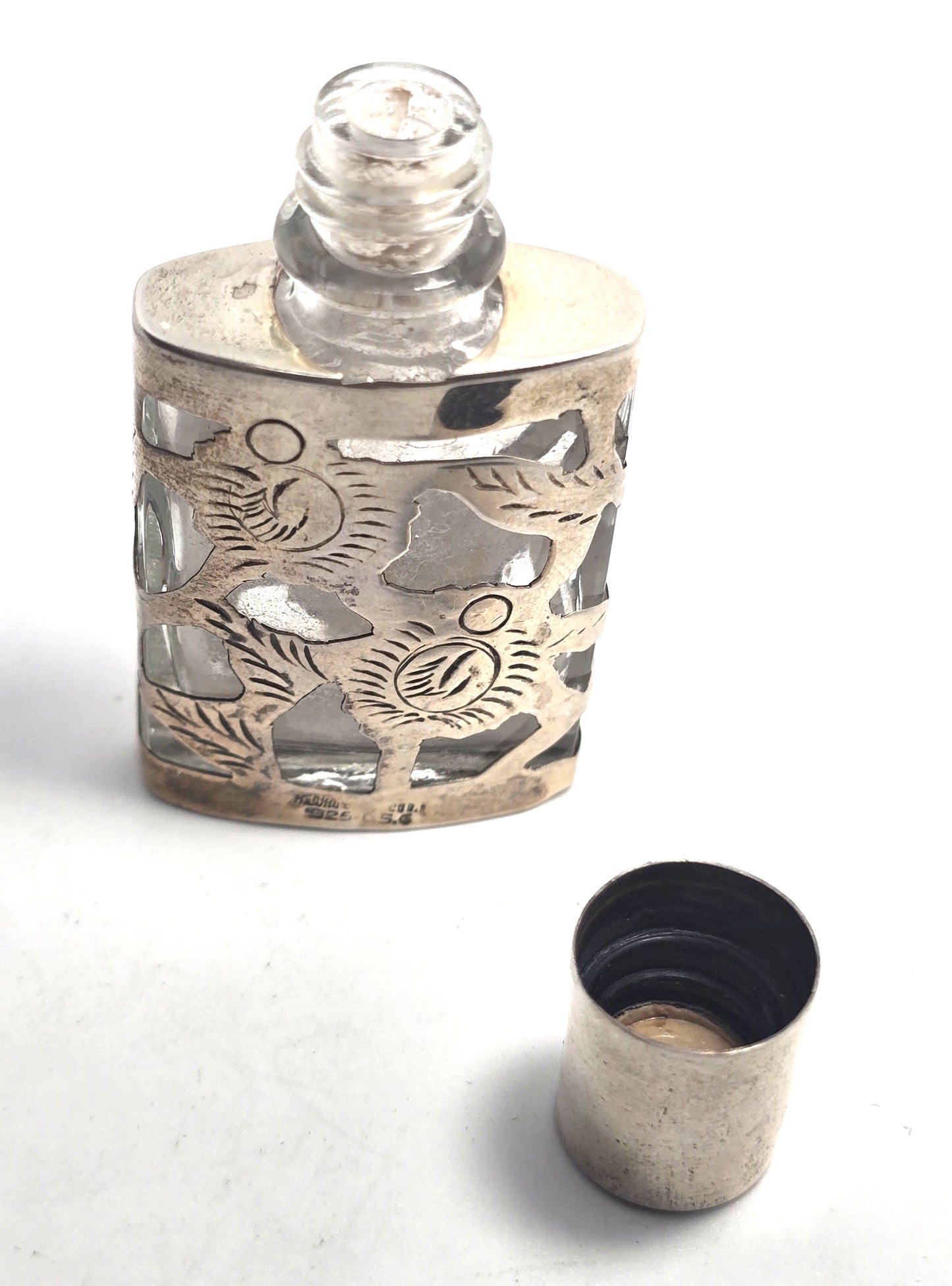 Taxco Mexican Sterling Silver Overlay Vintage Miniature Glass Perfume Bottle