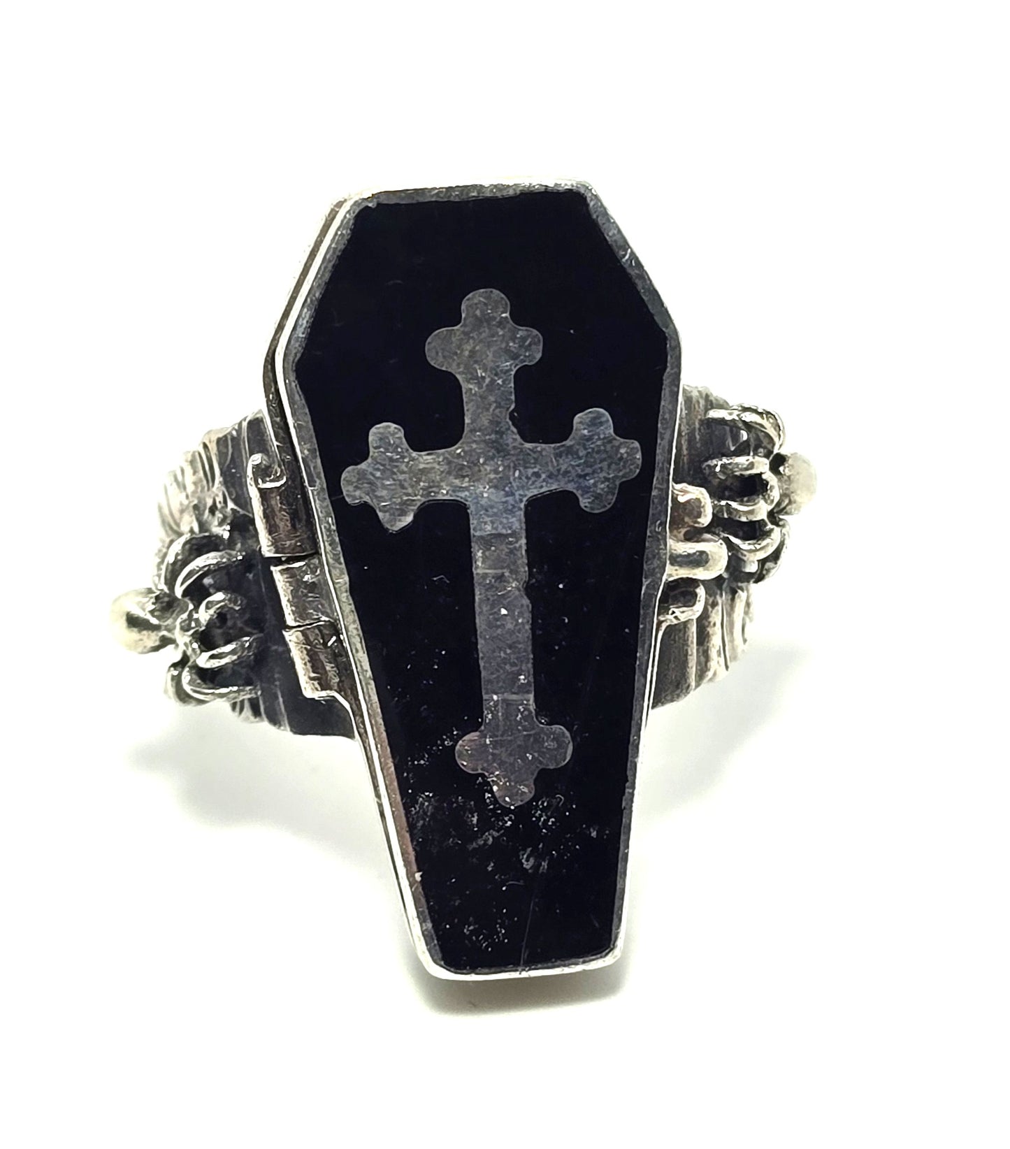 Coffin cross poison ring retro sterling silver spider memento mori goth ring size 10