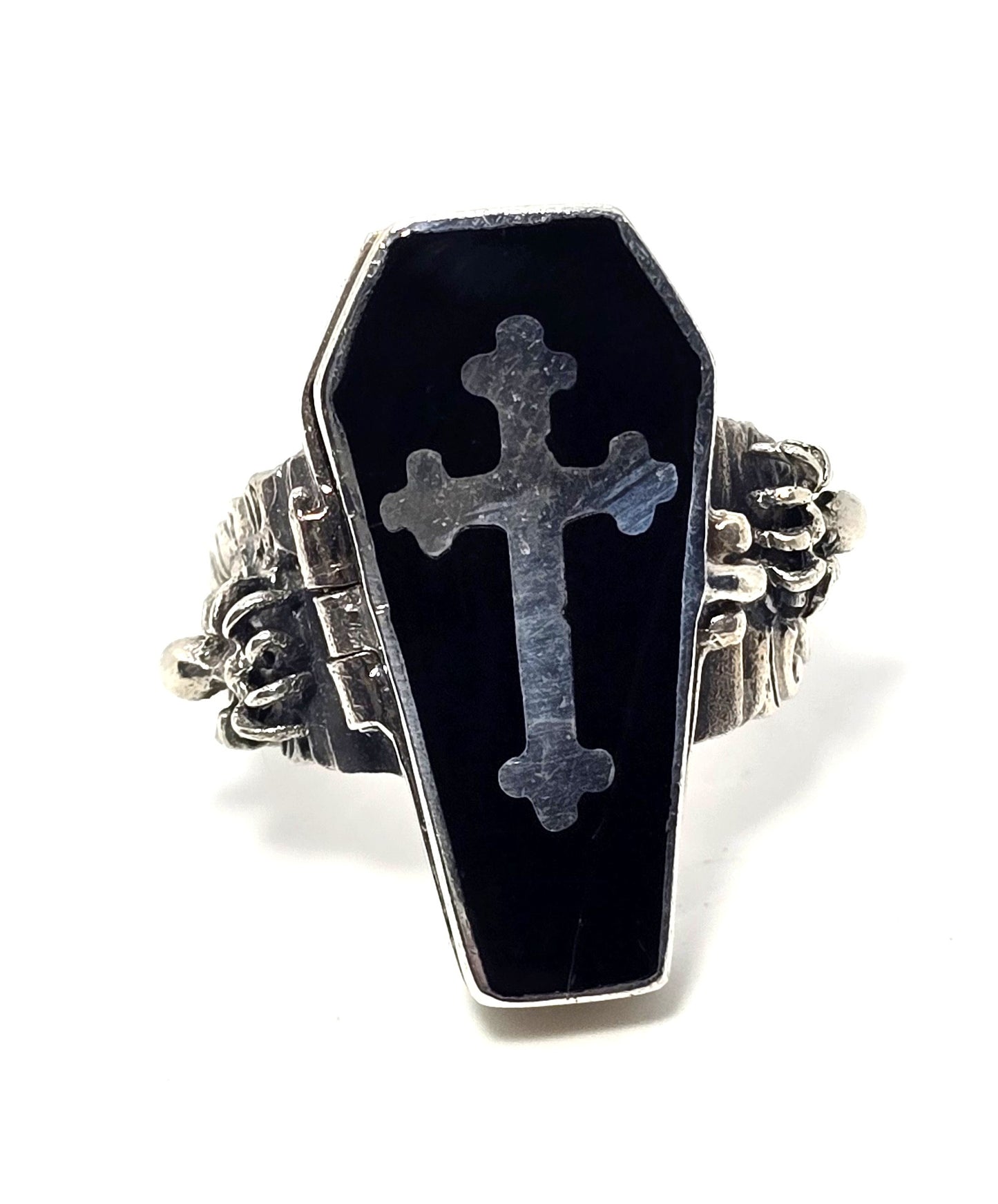 Coffin cross poison ring retro sterling silver spider memento mori goth ring size 10