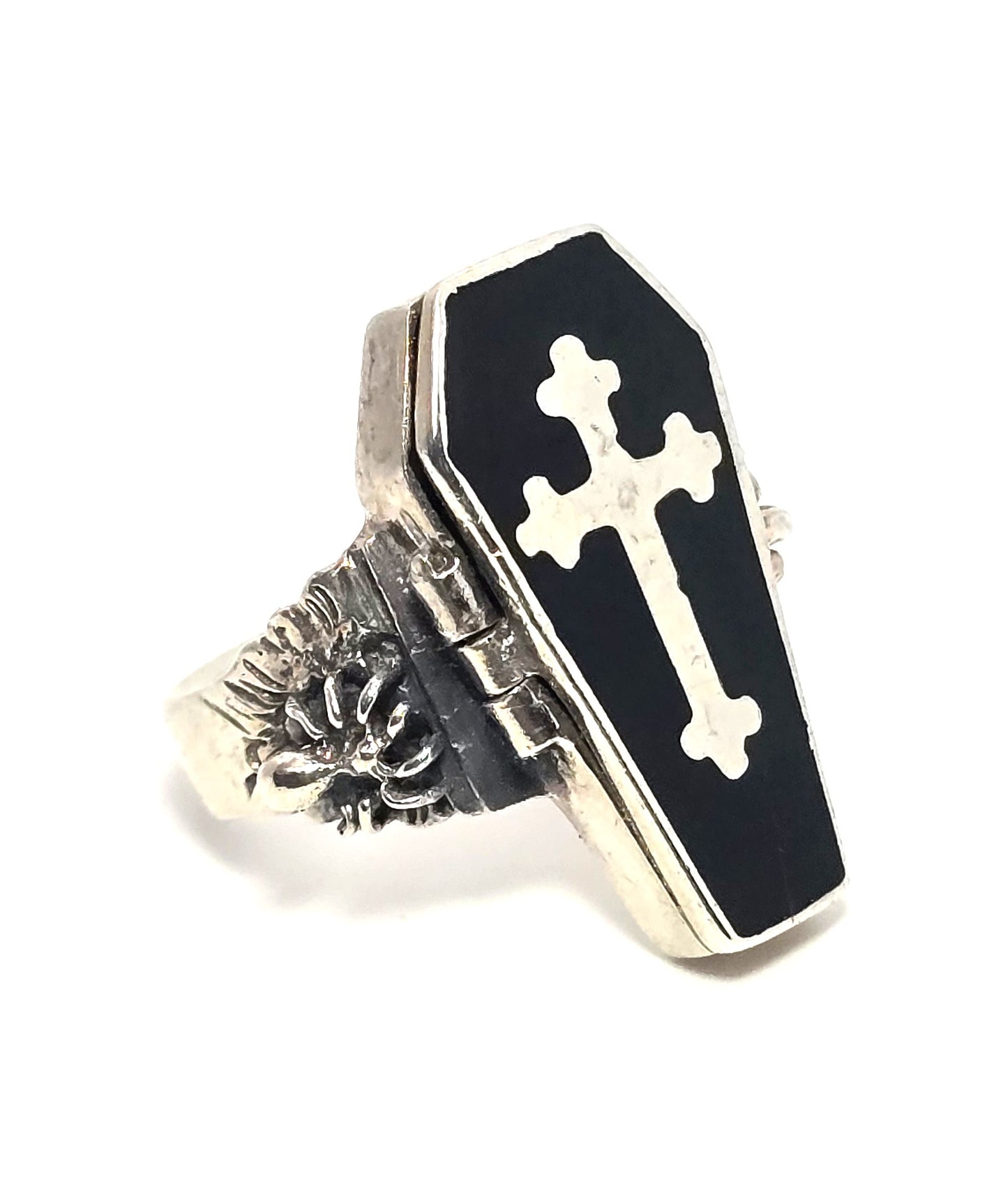Coffin cross poison ring retro sterling silver spider memento mori goth ring size 10