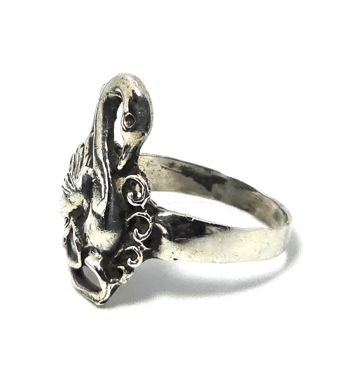 Swan figural vintage sterling silver vintage sweetheart love ring size 9