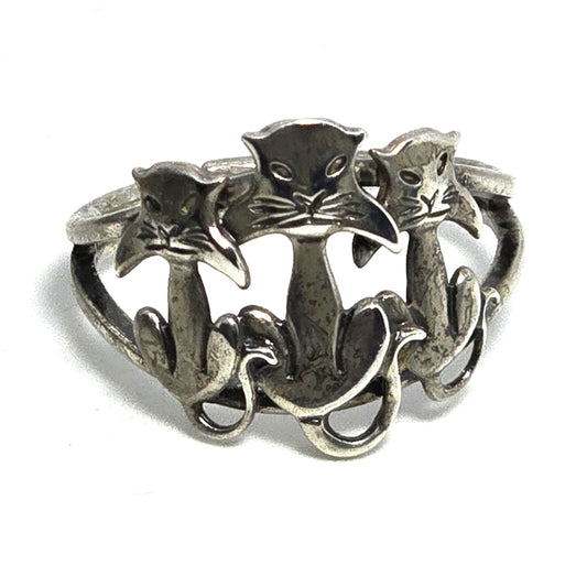 Triple Kitty hanging Cat feline figural Beau sterling silver vintage ring size 6.5