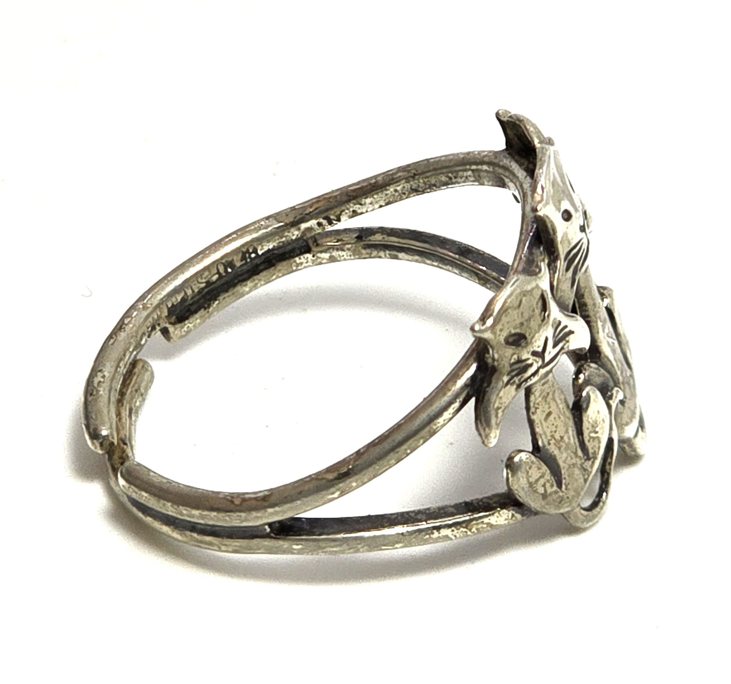 Triple Kitty hanging Cat feline figural Beau sterling silver vintage ring size 6.5