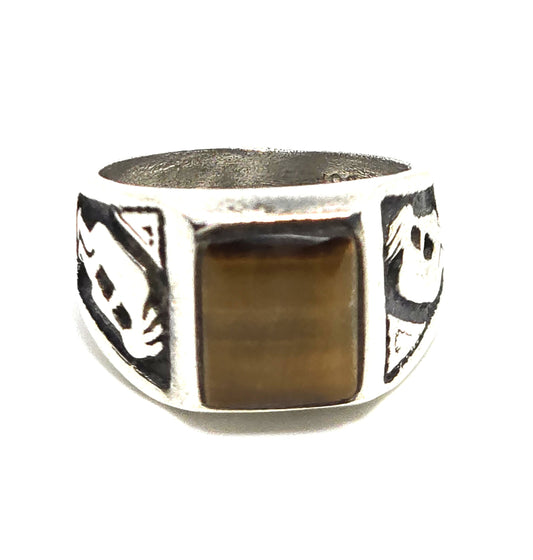 Brown Tiger's eye Kokopelli Native American sterling silver ring  band size 7