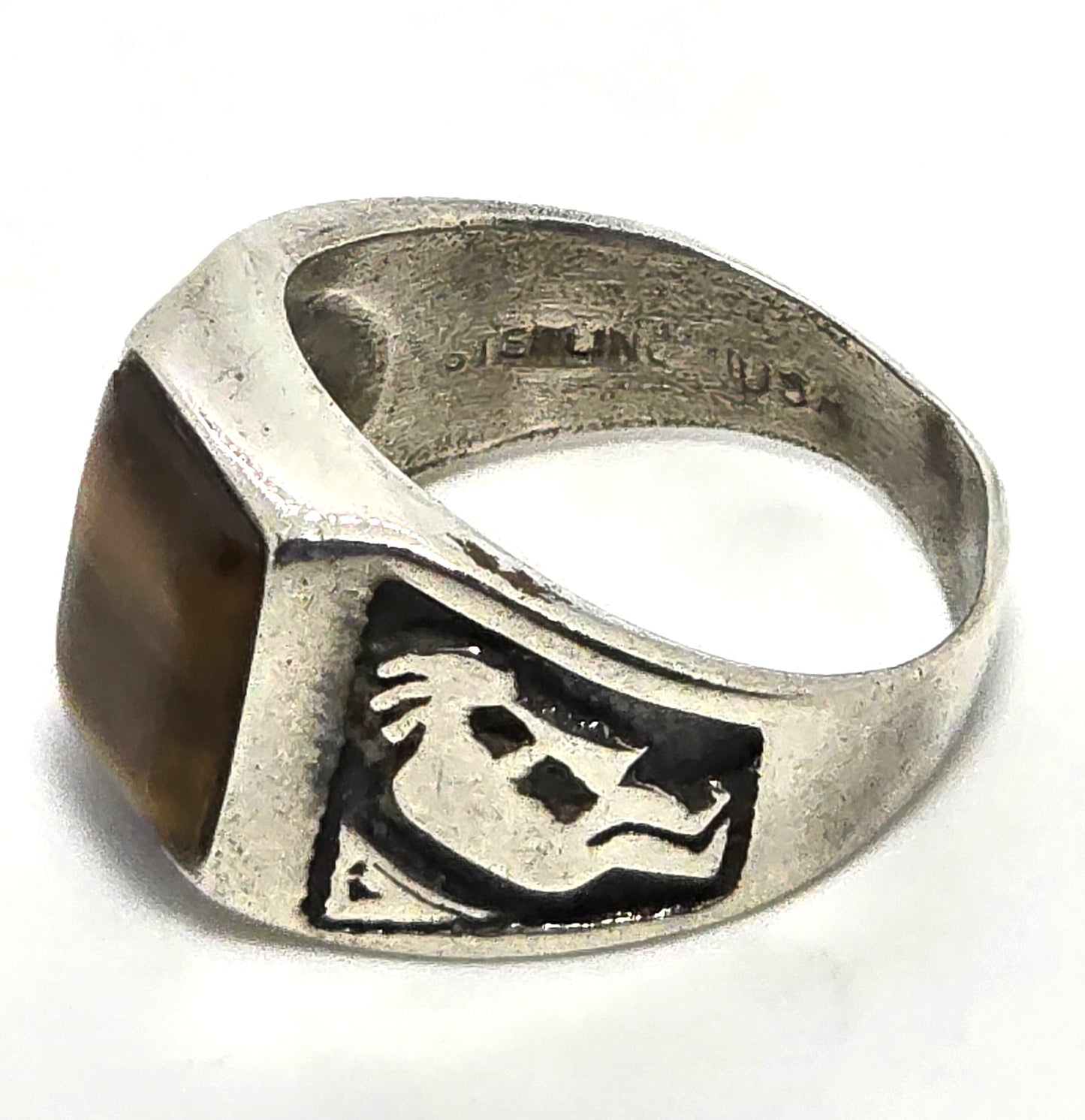 Brown Tiger's eye Kokopelli Native American sterling silver ring  band size 7