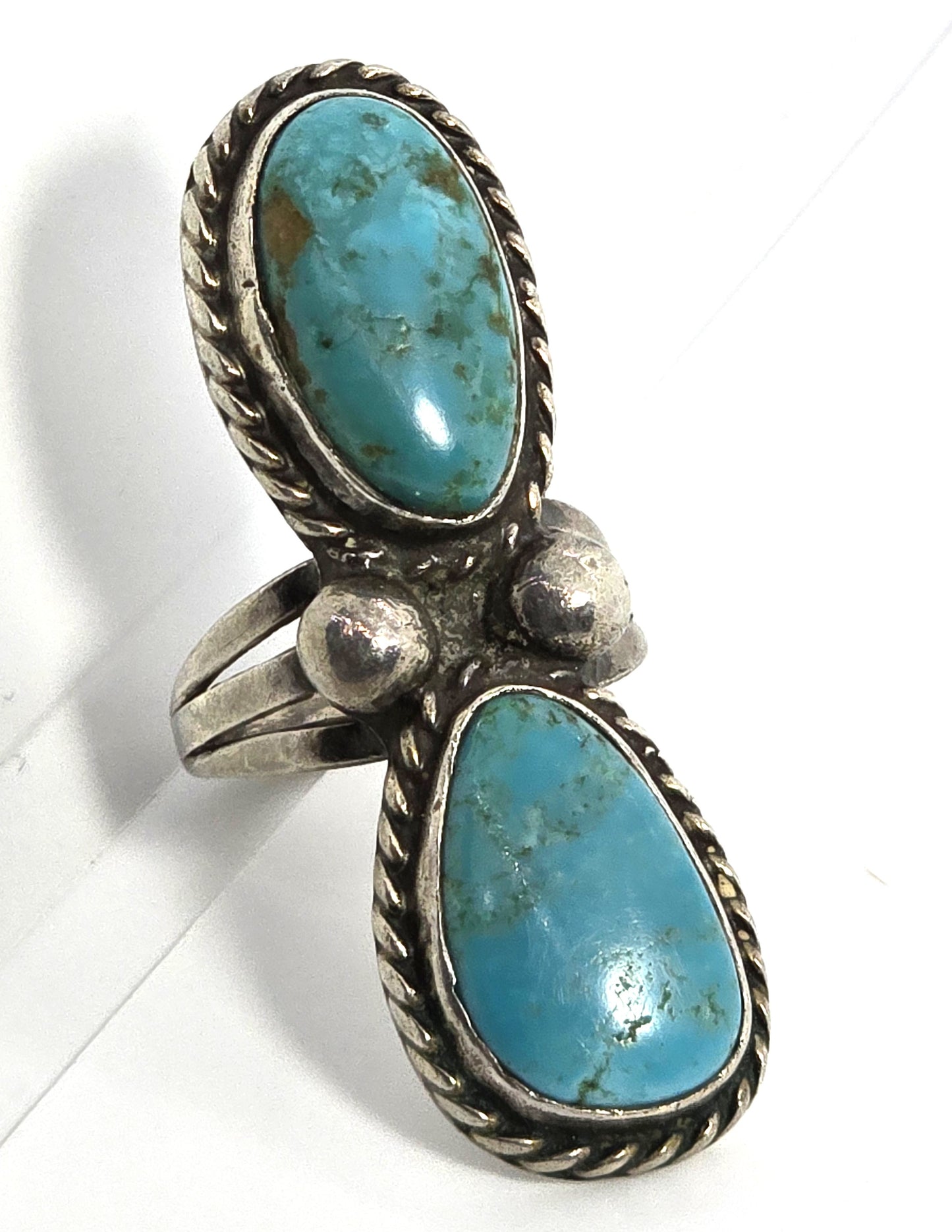 Large Double Turquoise Navajo Native American vintage sterling silver ring size 8