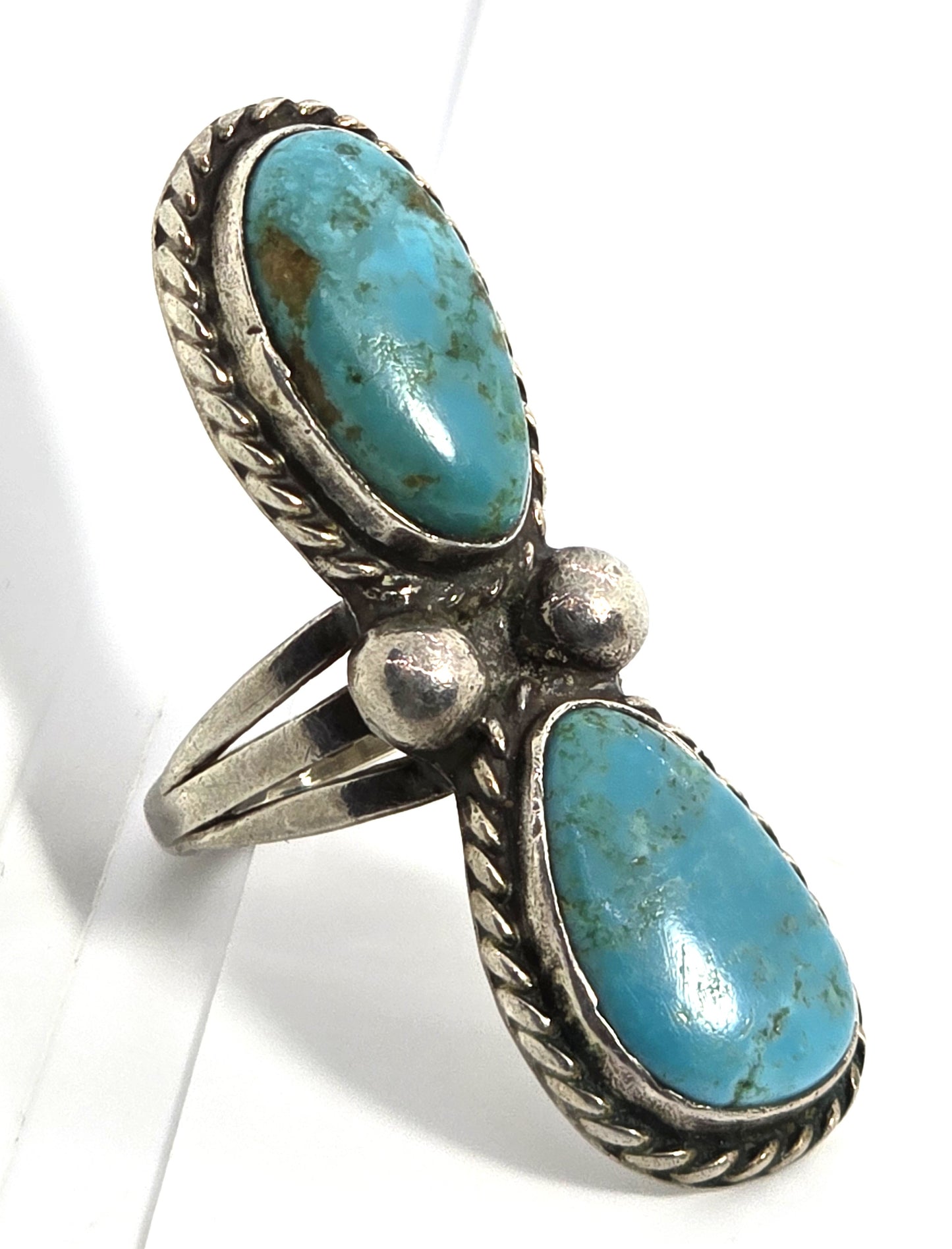 Large Double Turquoise Navajo Native American vintage sterling silver ring size 8