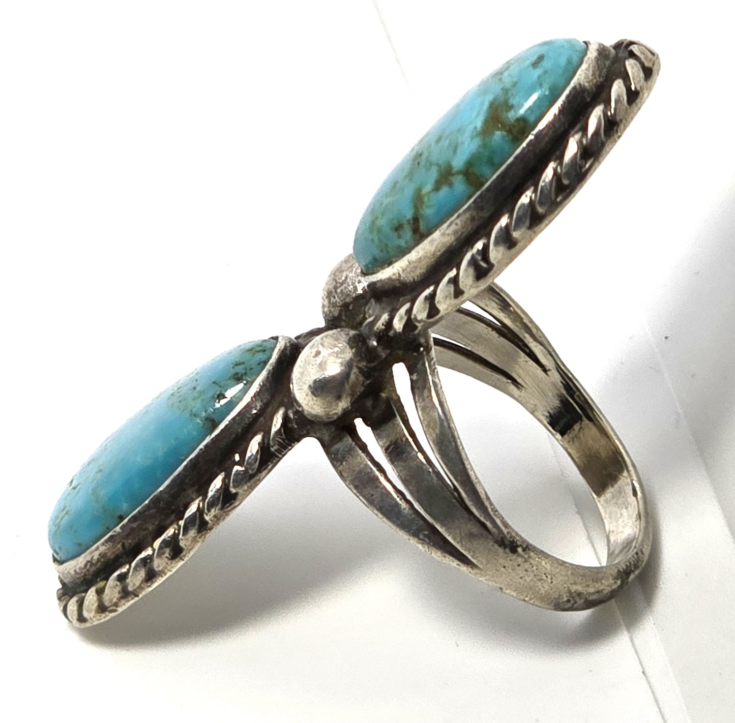 Large Double Turquoise Navajo Native American vintage sterling silver ring size 8