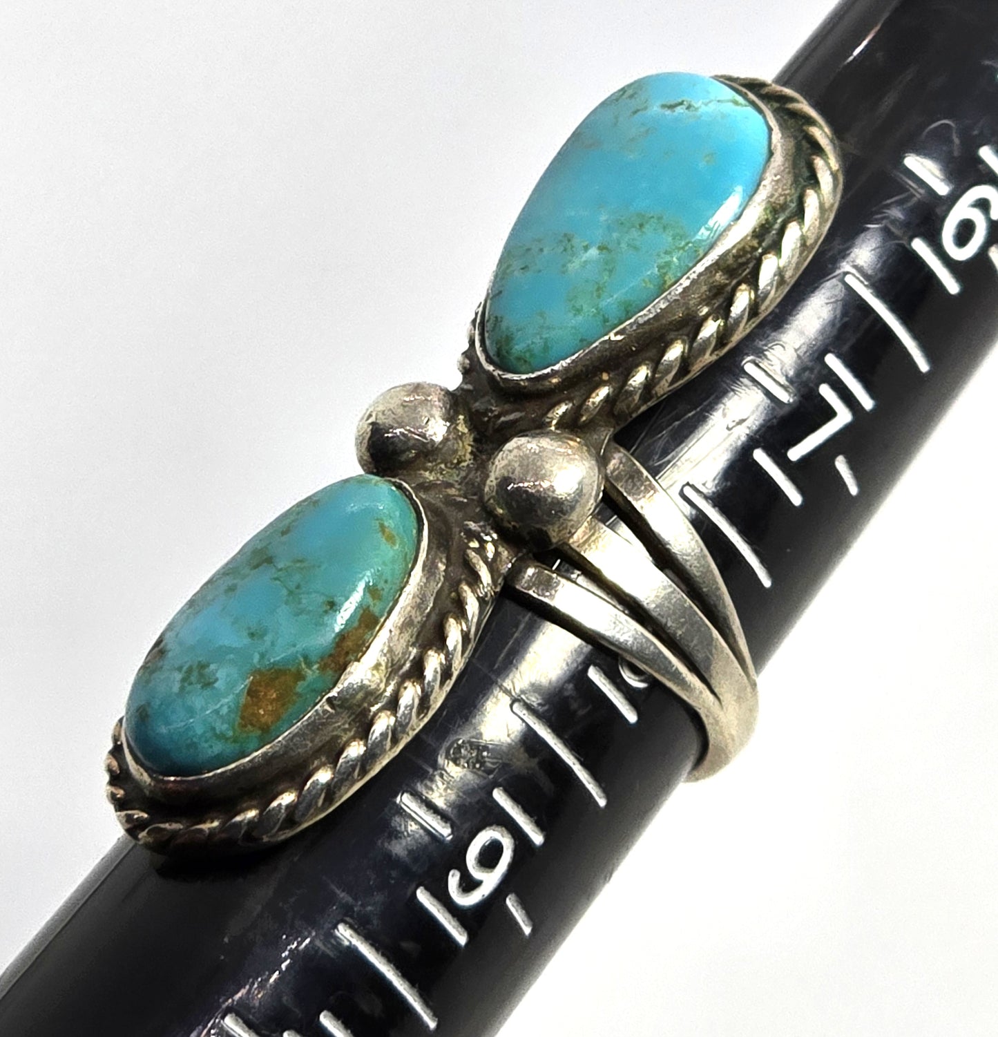 Large Double Turquoise Navajo Native American vintage sterling silver ring size 8