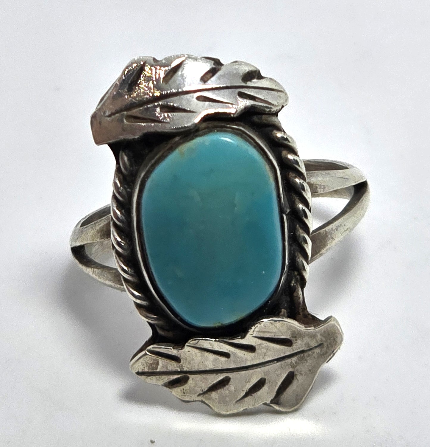 Turquoise Navajo Native American double feather vintage sterling silver ring size 9