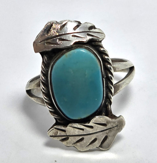 Turquoise Navajo Native American double feather vintage sterling silver ring size 9