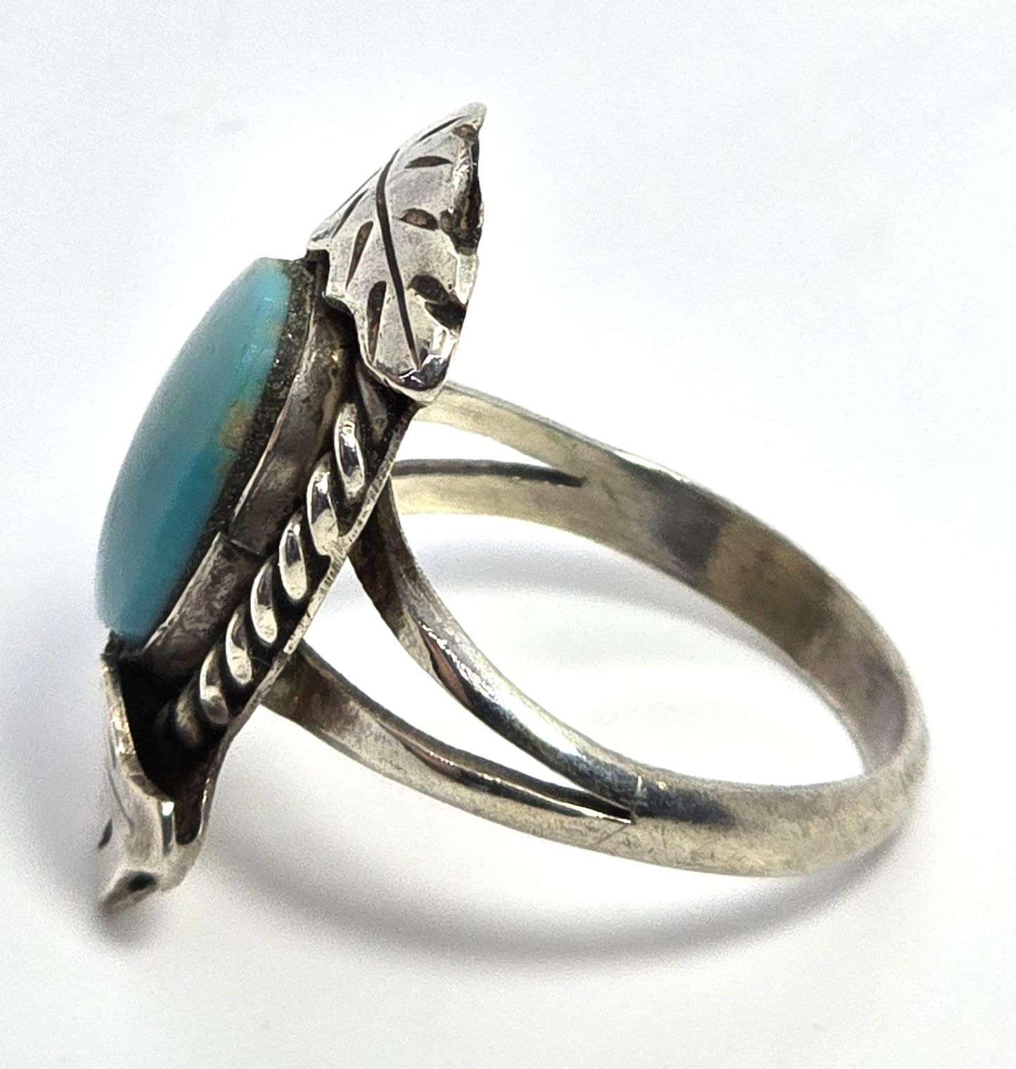 Turquoise Navajo Native American double feather vintage sterling silver ring size 9
