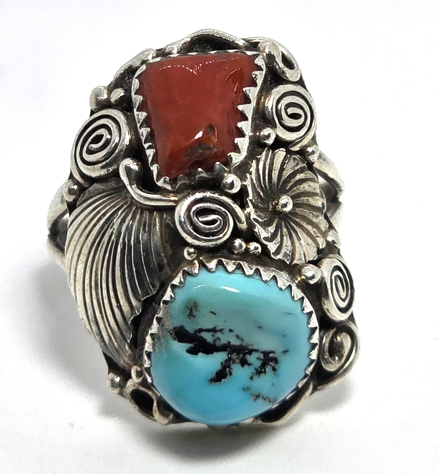 Turquoise Red coral large signed Navajo Native sterling silver ring size 8.5