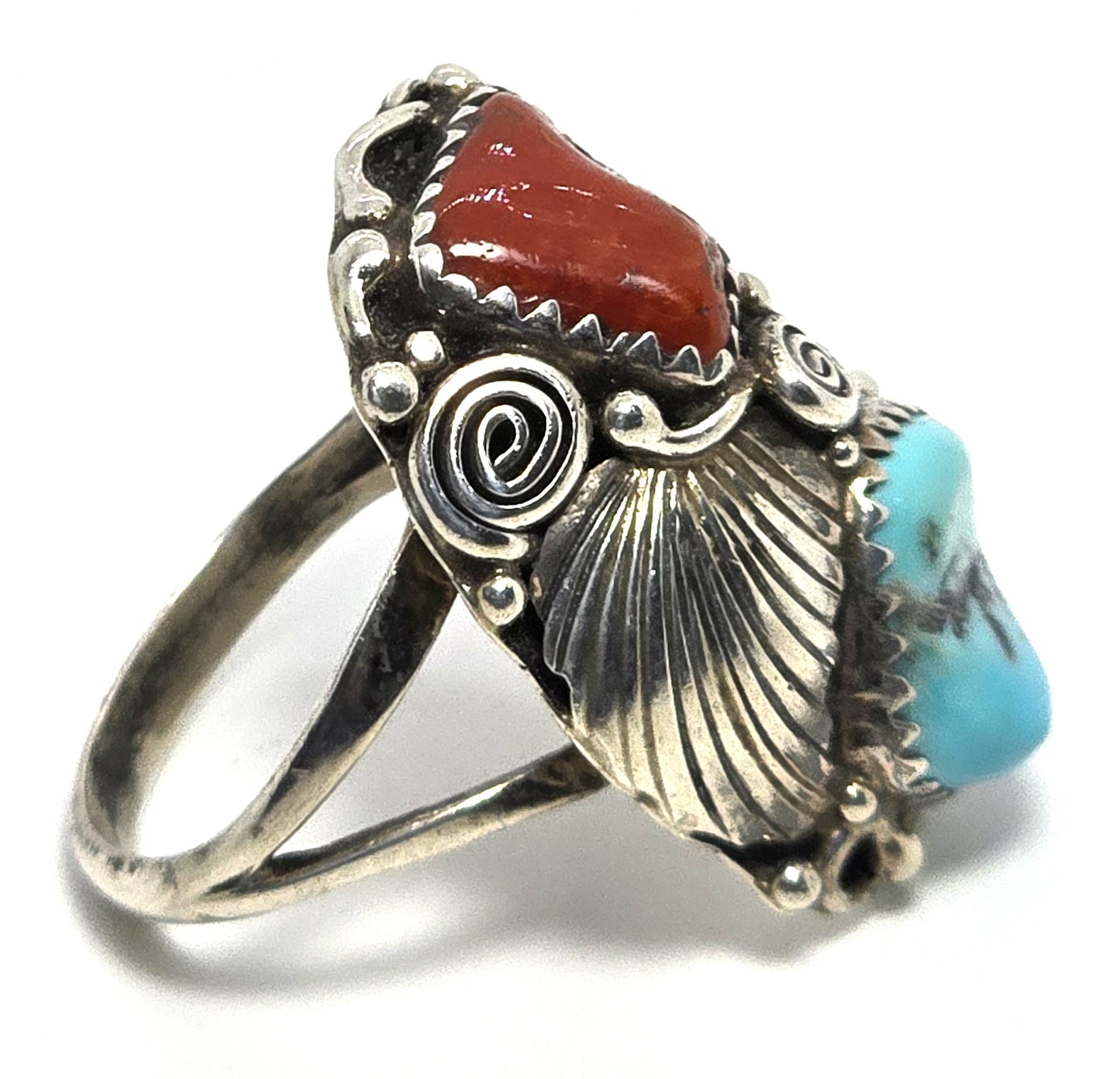 Turquoise Red coral large signed Navajo Native sterling silver ring size 8.5