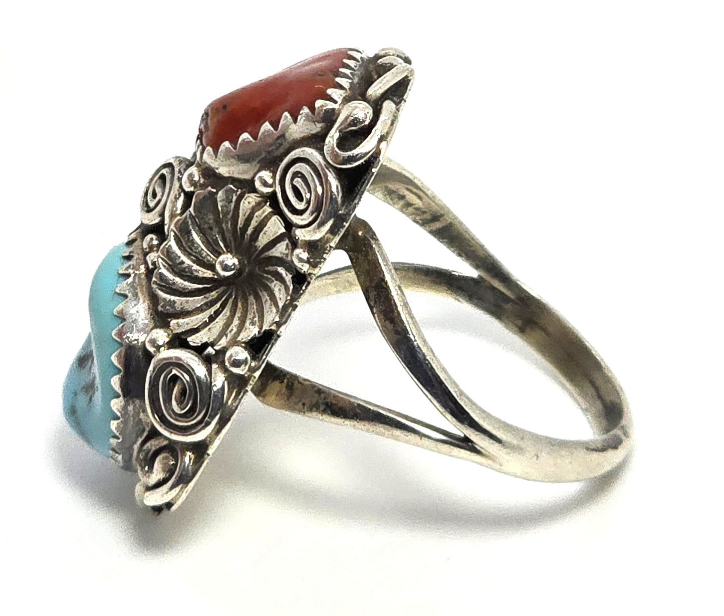 Turquoise Red coral large signed Navajo Native sterling silver ring size 8.5
