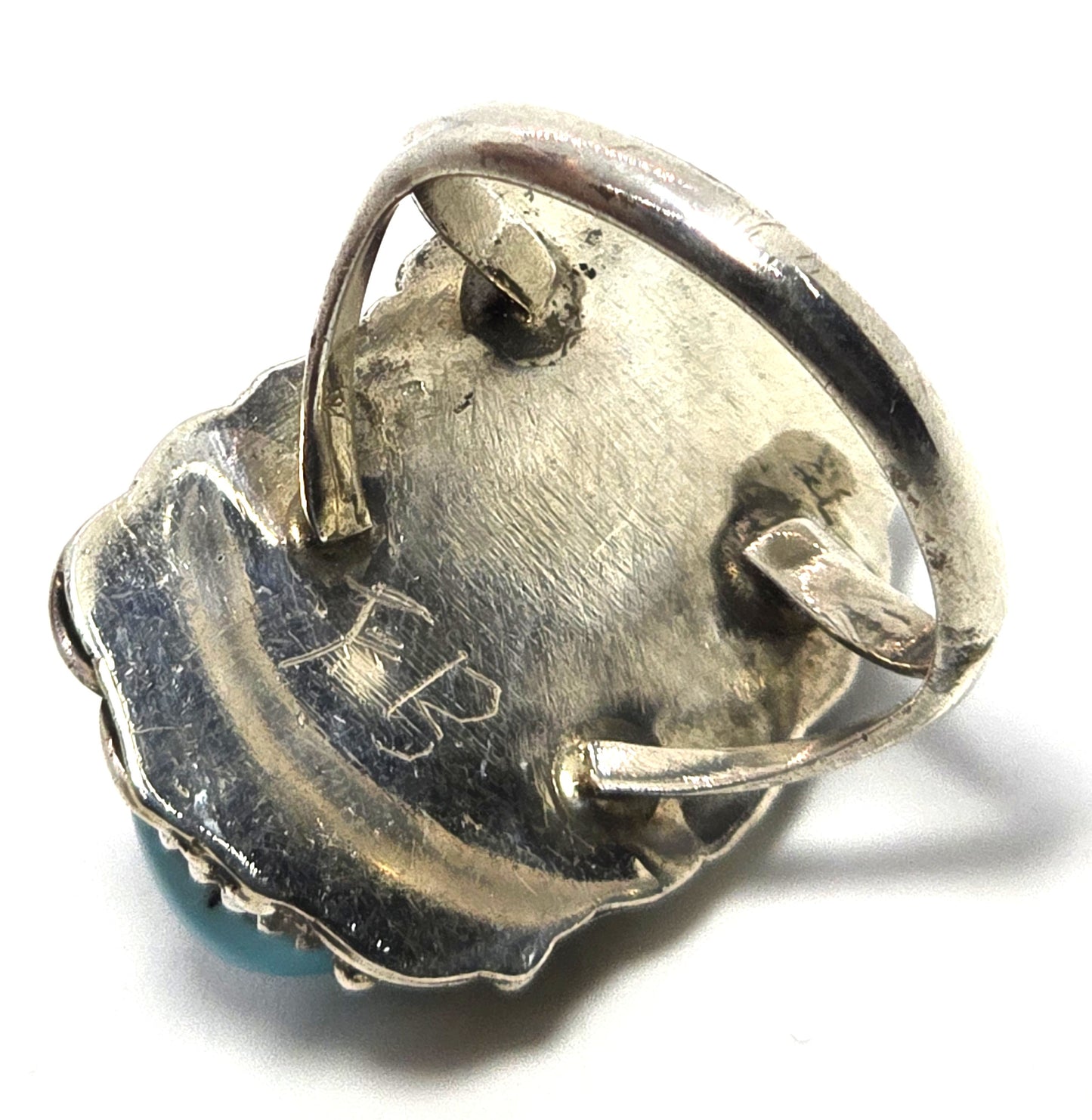 Turquoise Red coral large signed Navajo Native sterling silver ring size 8.5