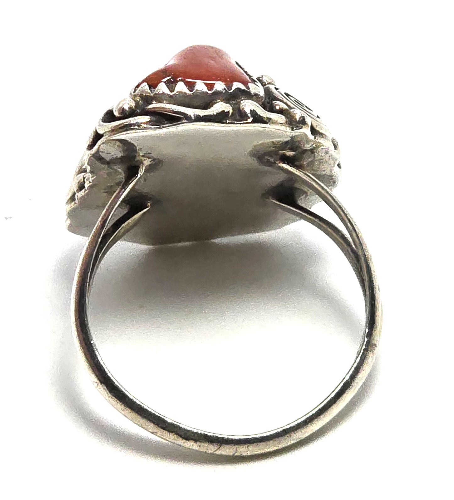 Turquoise Red coral large signed Navajo Native sterling silver ring size 8.5